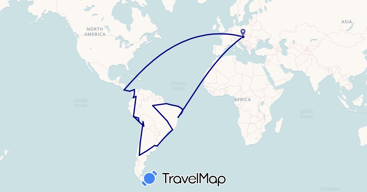TravelMap itinerary: driving in Argentina, Austria, Bolivia, Brazil, Chile, Colombia, Costa Rica, Panama, Peru, Uruguay (Europe, North America, South America)